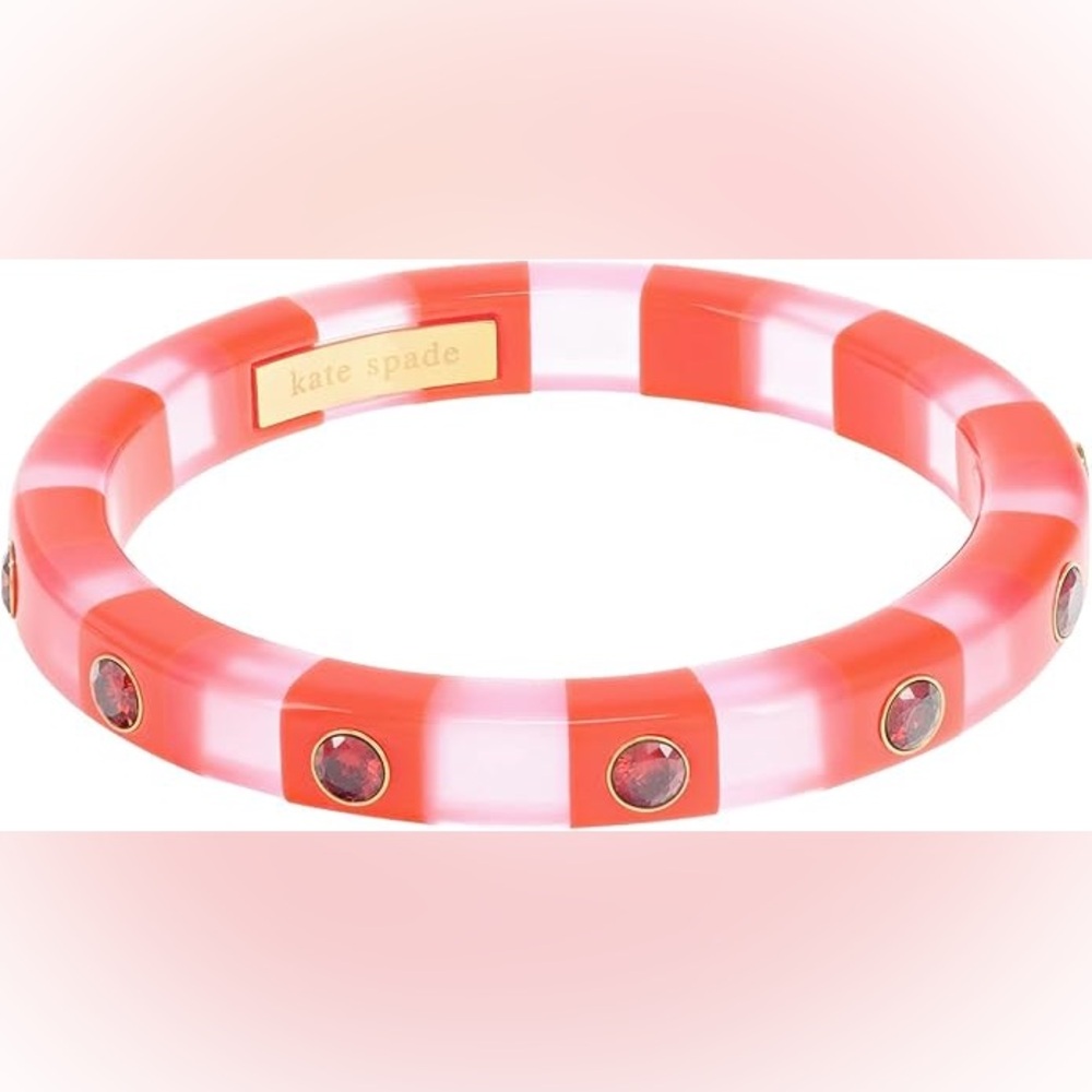 KATE SPADE SEEING STRIPES THIN BANGLE BRACELET PINK & WHITE STRIPES